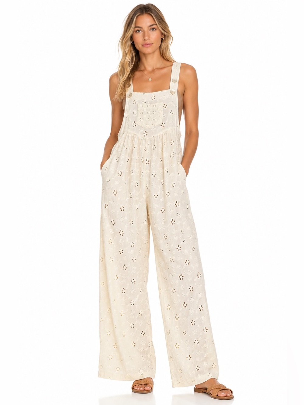 April Cornell Eyelet Cotton Overalls Jumpsuit Ecru Cream Floral Boho M
